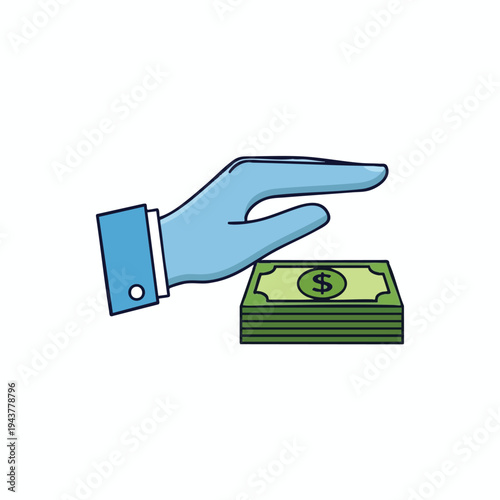 A gloved hand offers a stack of banknotes with a dollar sign
