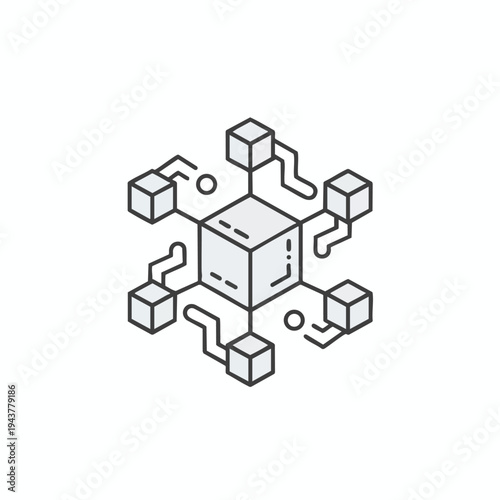 Abstract hexagonal arrangement of interconnected gray cubes and circles