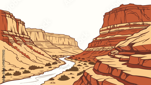 Desert Canyon Layered Rock Formations Flat Vector Illustration