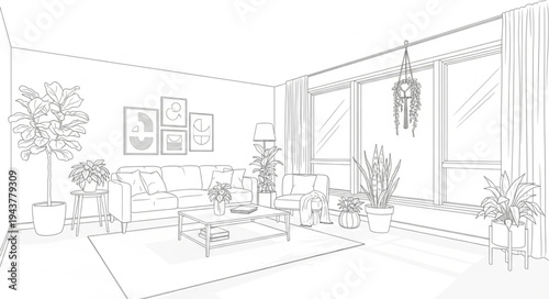 Minimalist Living Room Interior with Large Windows.