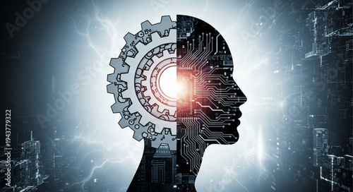 Futuristic Human Head with Digital Gears and Light.