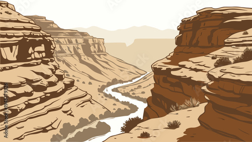 Desert Canyon Layered Rock Formations Flat Vector Illustration