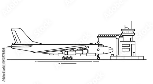 Airplane at airport terminal with control tower, line art illustration