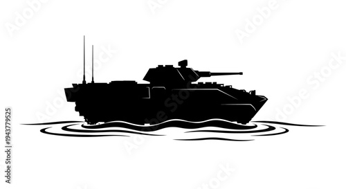 Amphibious Armored Vehicle Silhouette Crossing Water with Ripples