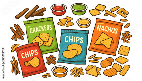 A colorful illustration of various snack foods and chips on a white background
