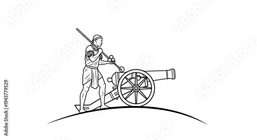 Ancient Egyptian soldier loading a cannon on a battlefield, historical illustration