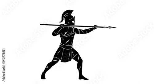 Ancient Greek Warrior Silhouette Throwing Spear, Black and White
