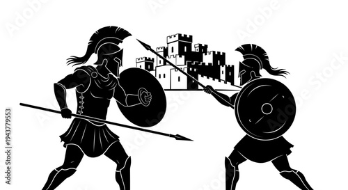 Ancient Greek Warriors Battle Before Castle Silhouette