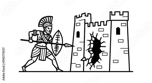 Ancient Warrior Attacks Crumbling Castle with Spear and Shield