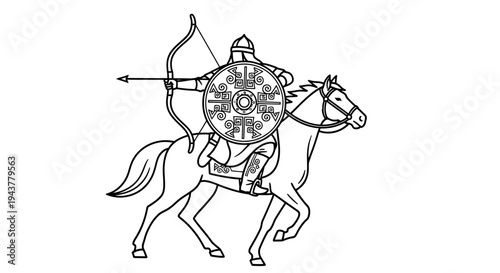 Ancient Warrior Archer on Horseback with Shield and Bow, Historical Combat Illustration
