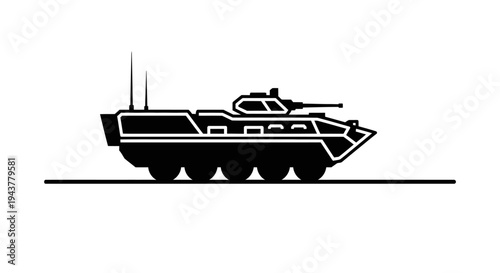 Armored Personnel Carrier Icon: Military Vehicle Silhouette on White Background