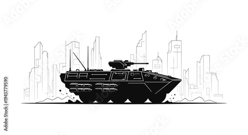 Armored Military Vehicle in Ruined Cityscape - Black and White Illustration
