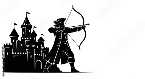 Archer Aims Bow at Castle Silhouette, Medieval Warrior Silhouette, Fantasy Archery