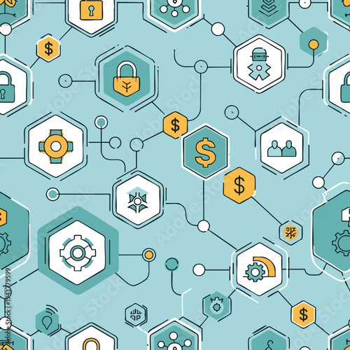Seamless pattern of interconnected icons representing finance, security, and technology