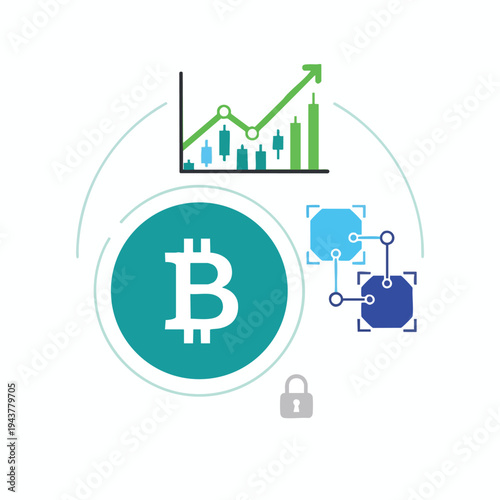 Cryptocurrency chart, network nodes, and a padlock symbolize digital finance