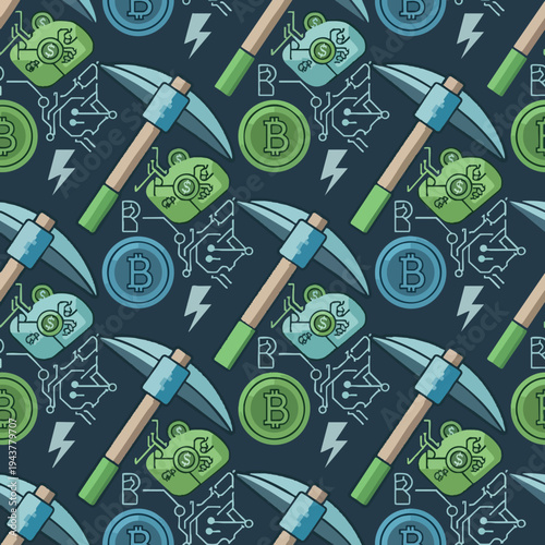 Cryptographic mining tools, digital currency symbols, and circuit board motifs repeat