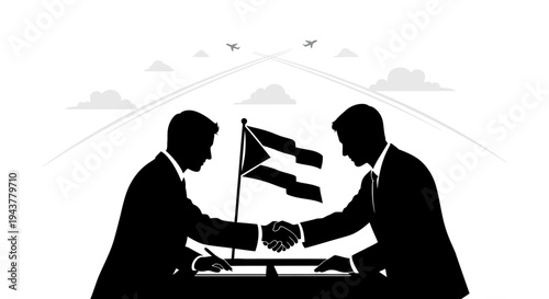 Business Partnership Agreement: Handshake, Signing Contract, Airplanes Above, Global Deal