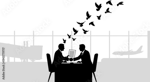 Business Partnership Agreement at Airport with Birds Flying Away Symbolizing Freedom and Travel