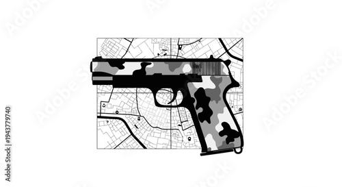 Camouflage Pistol on City Map Background - Military, Strategy, and Urban Warfare Concept