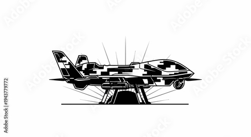 Camouflaged Drone on Launchpad, Military Aircraft, Unmanned Aerial Vehicle, Technology