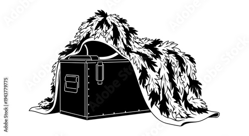 Camouflaged military trunk hidden under foliage for concealment, outdoor survival gear