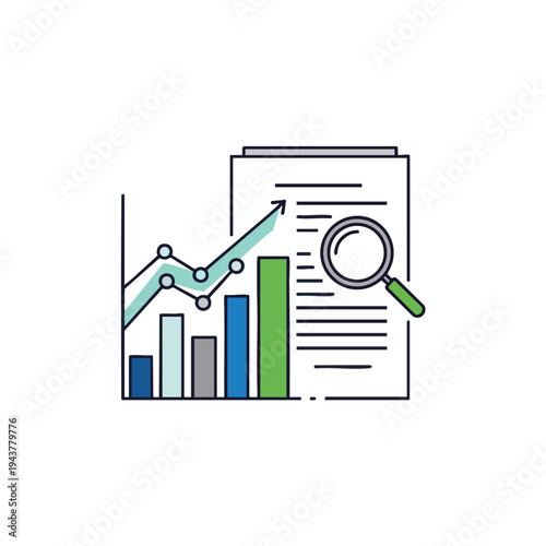 Bar graph, line graph, and magnifying glass on document