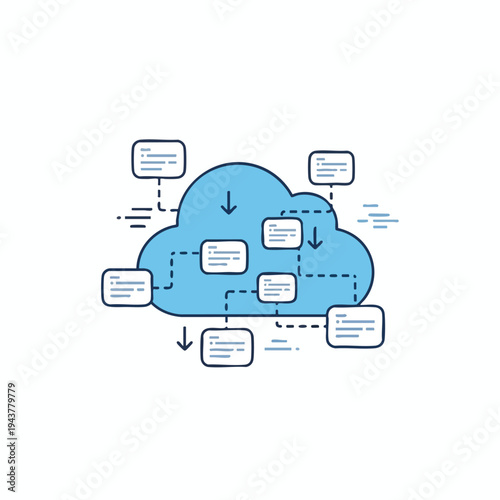 Conceptual diagram of a blue cloud connected to various data blocks via dashed lines
