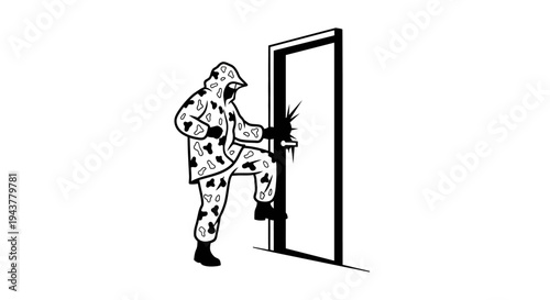 Camouflaged intruder breaking into a building through a door