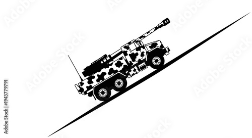 Camouflaged Self-Propelled Howitzer Artillery Gun Driving Uphill on a Slope