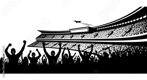 Crowd cheering at sports stadium, silhouette of fans celebrating victory with arms raised