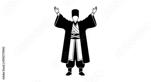 Dervish Dancer in Traditional Costume with Arms Raised, Black and White Silhouette
