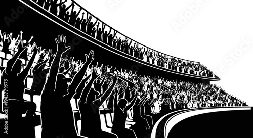 Crowd cheering in stadium, silhouette of fans with hands raised, excitement, sports event
