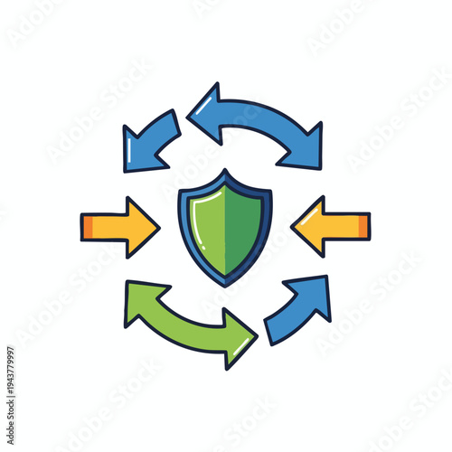 Shield protected by circulating arrows indicating ongoing vigilance and defense