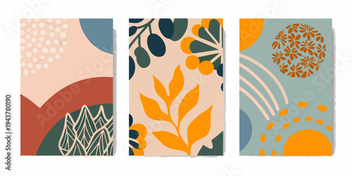 Abstract botanical art triptych featuring geometric shapes and floral designs