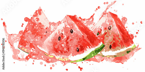 A vibrant splash of watermelon pieces with juice droplets and seeds