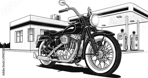 Vintage motorcycle vector silhouette. Classic motorcycle with gas station. Transparent background EPS version.