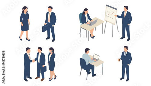 Business people in a modern office setting with various professionals interacting