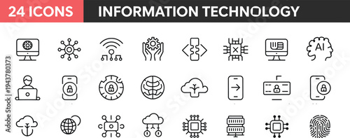 Collection of 24 minimalist information technology icons including cloud computing, cybersecurity, AI, networking, and data storage, designed for IT presentations, websites, and apps.