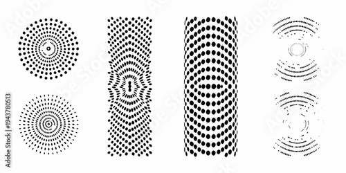 Abstract geometric patterns featuring concentric and swirling dot arrangements