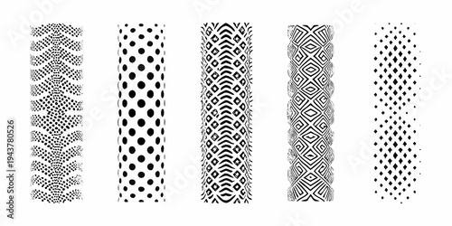 Black and white geometric patterns arranged in vertical narrow columns