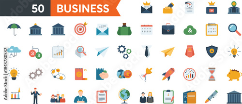 Collection of 50 colorful business icons including finance, office supplies, communication, time management, analytics, innovation, security, and corporate lifestyle symbols for design projects.