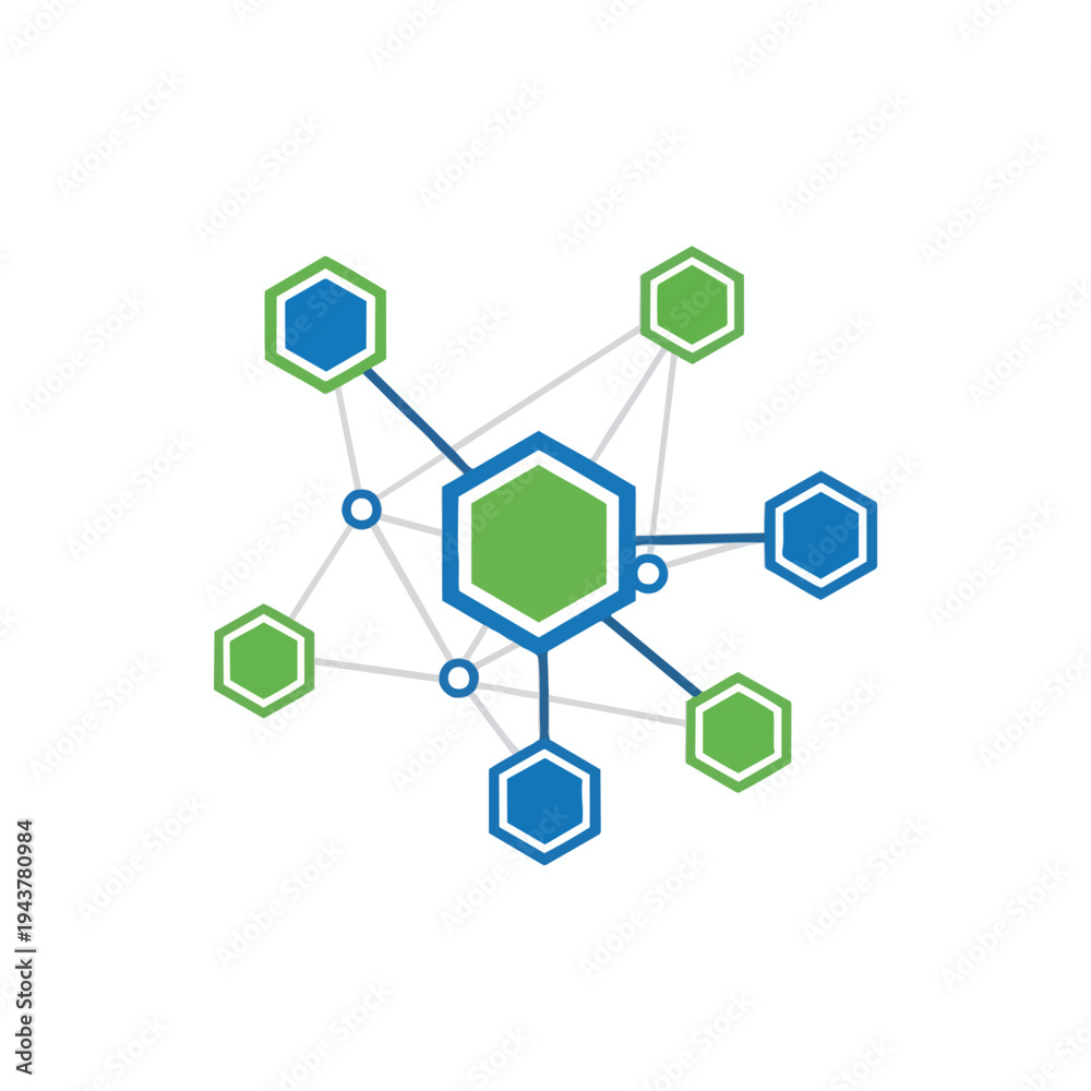 Fototapeta premium Interconnected blue and green hexagons forming a network structure