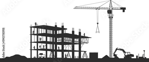 Silhouette of construction site with workers, tower crane, excavator, concrete mixer, scaffolding, and multi-story building framework in progress