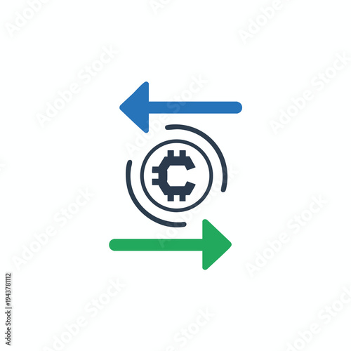 Circular cryptocurrency symbol with opposing directional arrows