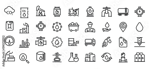 Oil and Gas web icons in line style. Fuel, gas station, refinery, petroleum, oil well, gas pump, energy, barrel, industry, transportation, collection. Vector illustration.