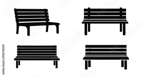 Four black park benches displayed in a minimalist style silhouette