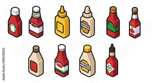 Condiment bottles in cartoon style.