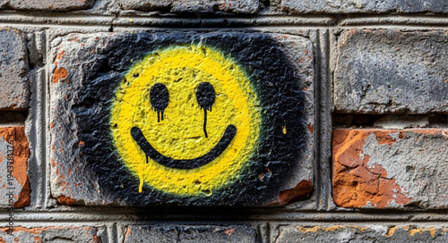 Bright Yellow Smiley Face Graffiti on Brick Wall.
