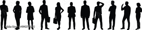 Silhouette of diverse professionals standing in a row, holding briefcases, representing teamwork, workplace diversity, and corporate identity illustration