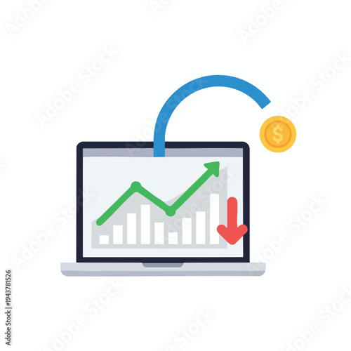 Laptop with fluctuating graph, coin, and downward arrow